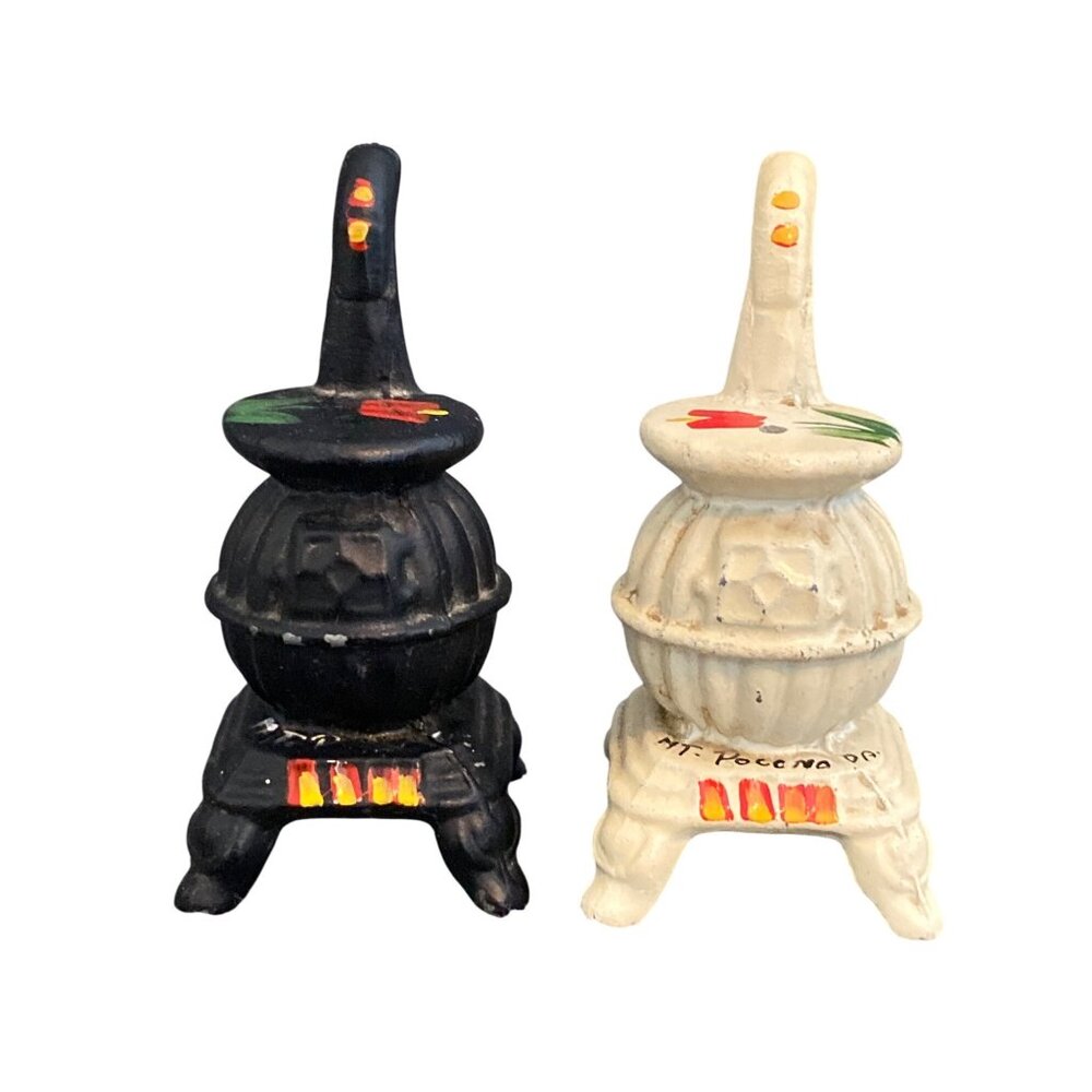 Vintage Pot Belly Stove Cast Iron Salt & Pepper Shakers Black White Made Japan